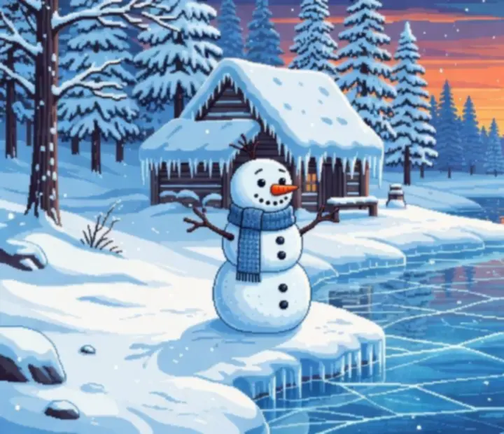 Koláž pixel-art zimných scenérií zo hry Snowman Story