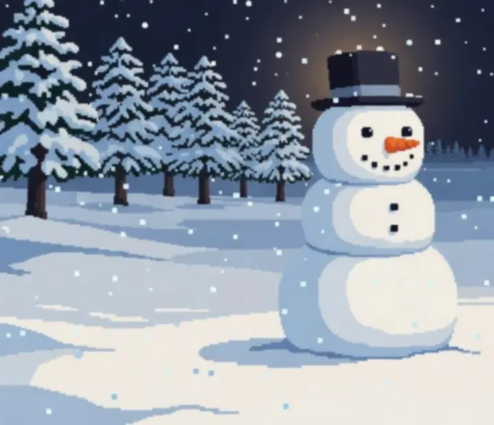 Snehuliak kráčajúci zimnou pixel-art nocou v hre Snowman Story