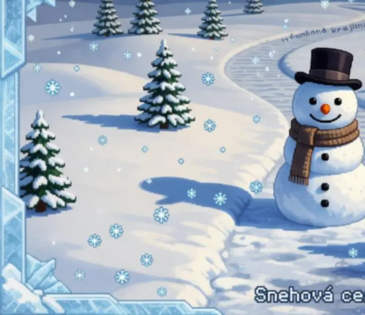 Pixel-art scéna so snehuliakom v pokojnej zasneženej krajine