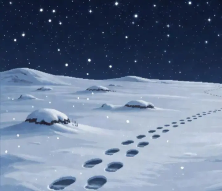 Pôsobivý zimný pixel-art moment v hre Snowman Story s mesiacom a snehom
