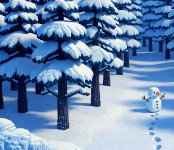 Zasnežený pixel-art les a zamrznuté jazero v hre Snowman Story