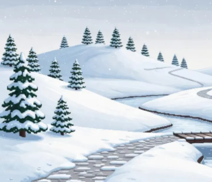 Pixel-art zasnežená krajina zo sveta Snowman Story
