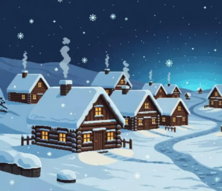 Nočná pixel-art dedinka zasypaná snehom v hre Snowman Story