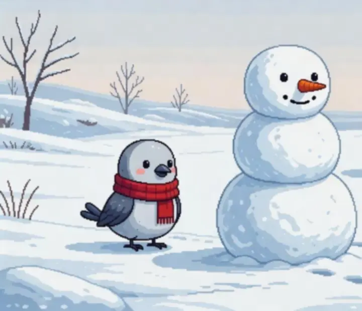 Pixelové postavy v hre Snowman Story vrátane vtáčika, medveďa a tajomnej bytosti.