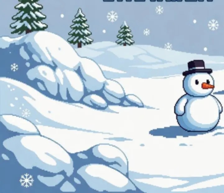 Malý pixelový snehuliak stojí v tichej zasneženej krajine v hre Snowman Story.