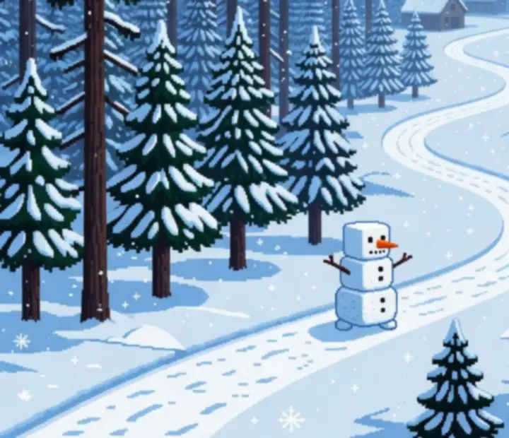 Zasnežená pixel-art krajina so stromami a zimným údolím