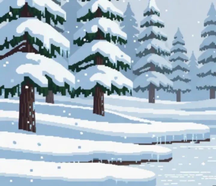 Pixel-art zimný les so snehom v hre Snowman Story